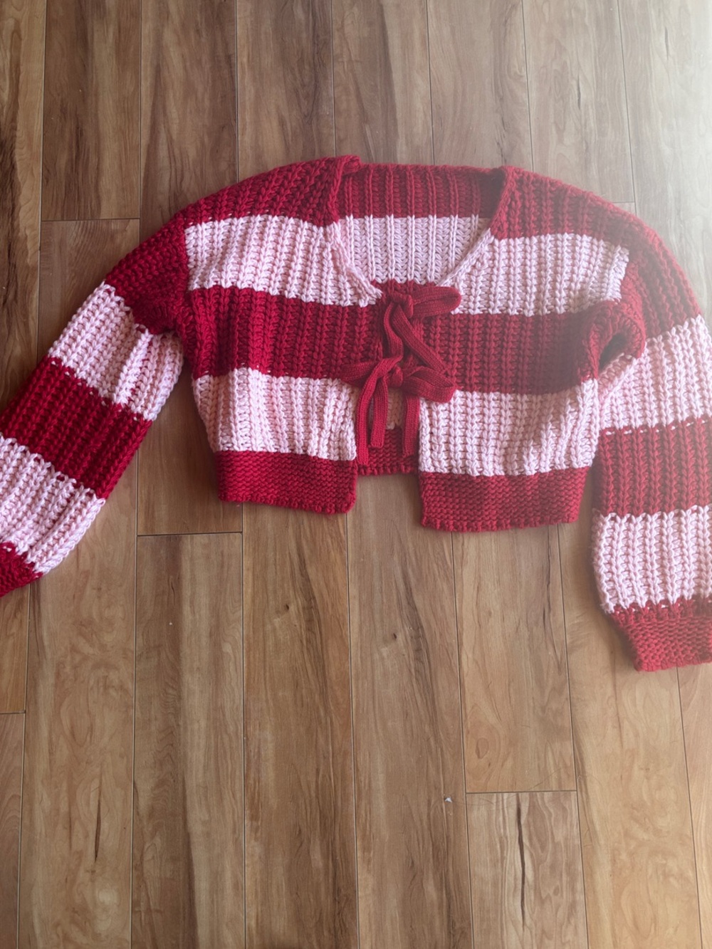 Cider Striped Red & Pink Cropped Tie-Front Women’s Sweater